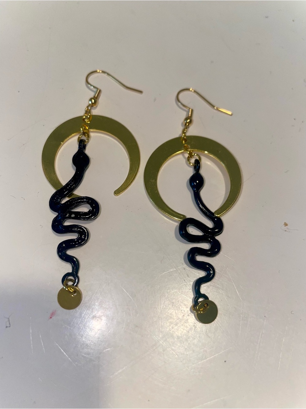 Gold Crescent Earrings with Black Snake Dangles